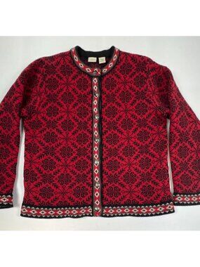 VTG L.L. Bean Women's Merino Lambswool Nordic Fair Isle Cardigan Red Black L